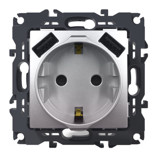 Acaelec Prime Μηχανισμός Πρίζα Σούκο Ασφαλείας 16A + 2 USB 5A Αλουμίνιο Ματ