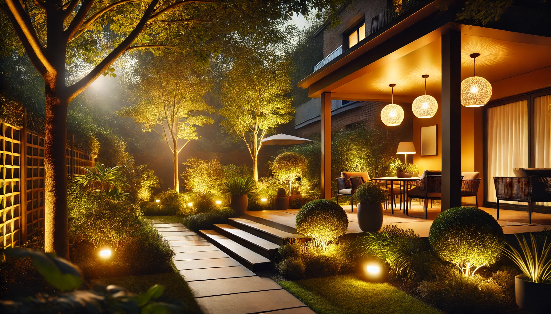 A beautifully lit outdoor space with warm 3000K lighting in a garden and patio setting. The garden is softly illuminated, highlighting plants, trees, A beautifully lit outdoor space with warm 3000K lighting in a garden and patio setting. The garden is softly illuminated, highlighting plants, trees,
