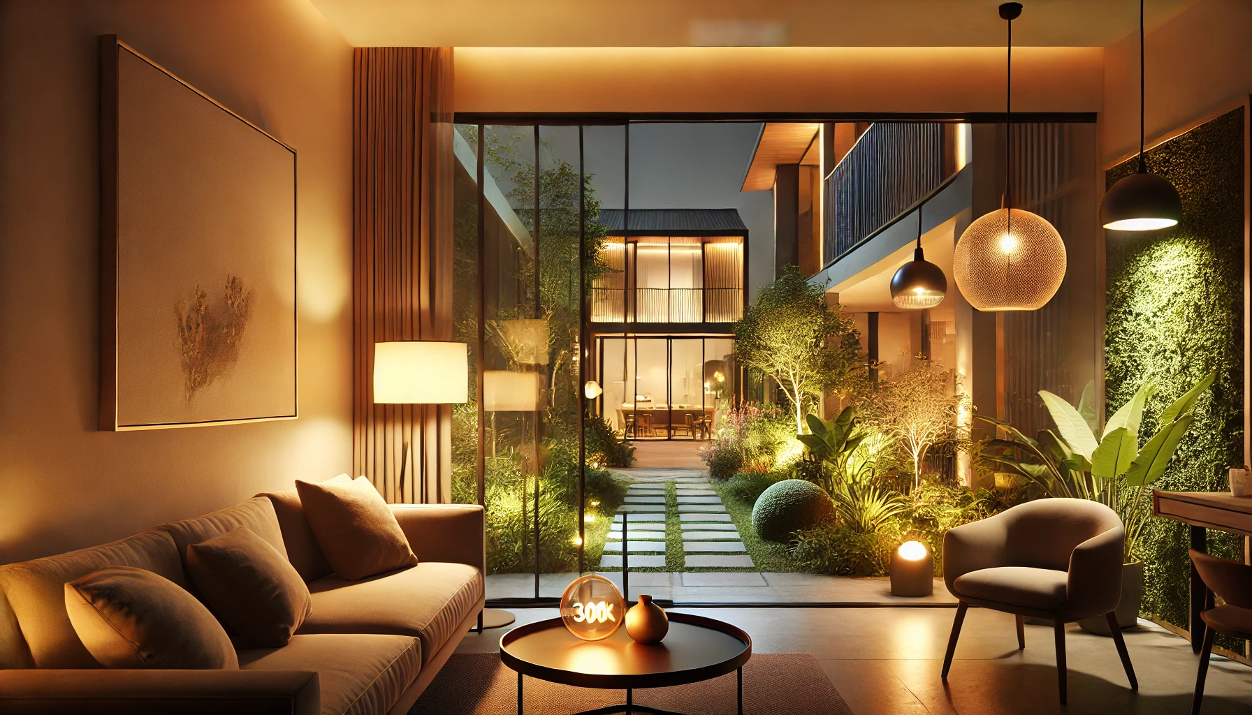 A cozy living room interior with warm lighting at 3000K, featuring modern lighting fixtures, soft shadows, and a comfortable atmosphere. In the backgr (2) A cozy living room interior with warm lighting at 3000K, featuring modern lighting fixtures, soft shadows, and a comfortable atmosphere. In the backgr (2)