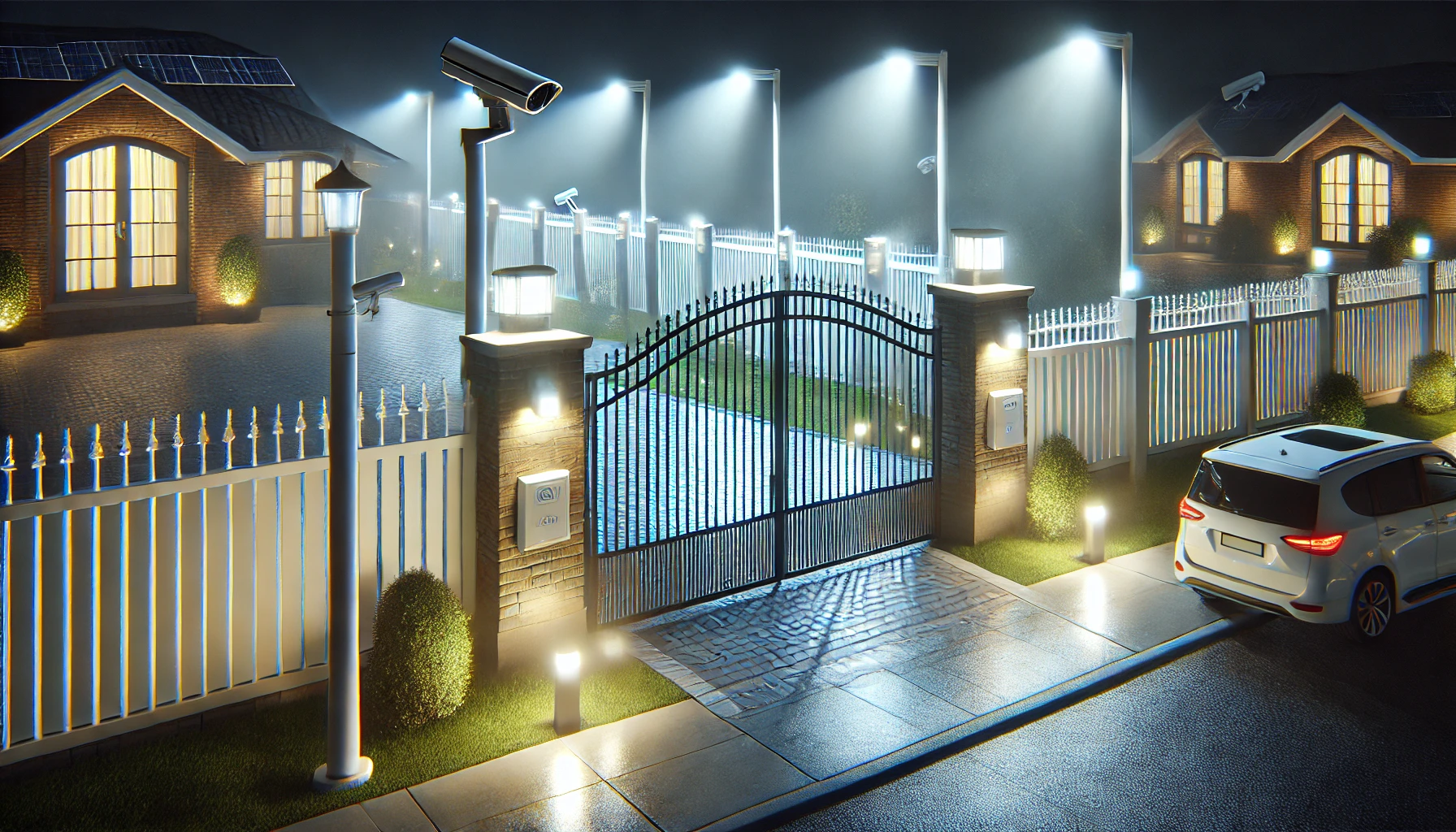 A nighttime outdoor scene of a well-secured area with bright, cool white lighting (5000K-6000K) illuminating key features such as a tall fence, an ent A nighttime outdoor scene of a well-secured area with bright, cool white lighting (5000K-6000K) illuminating key features such as a tall fence, an ent